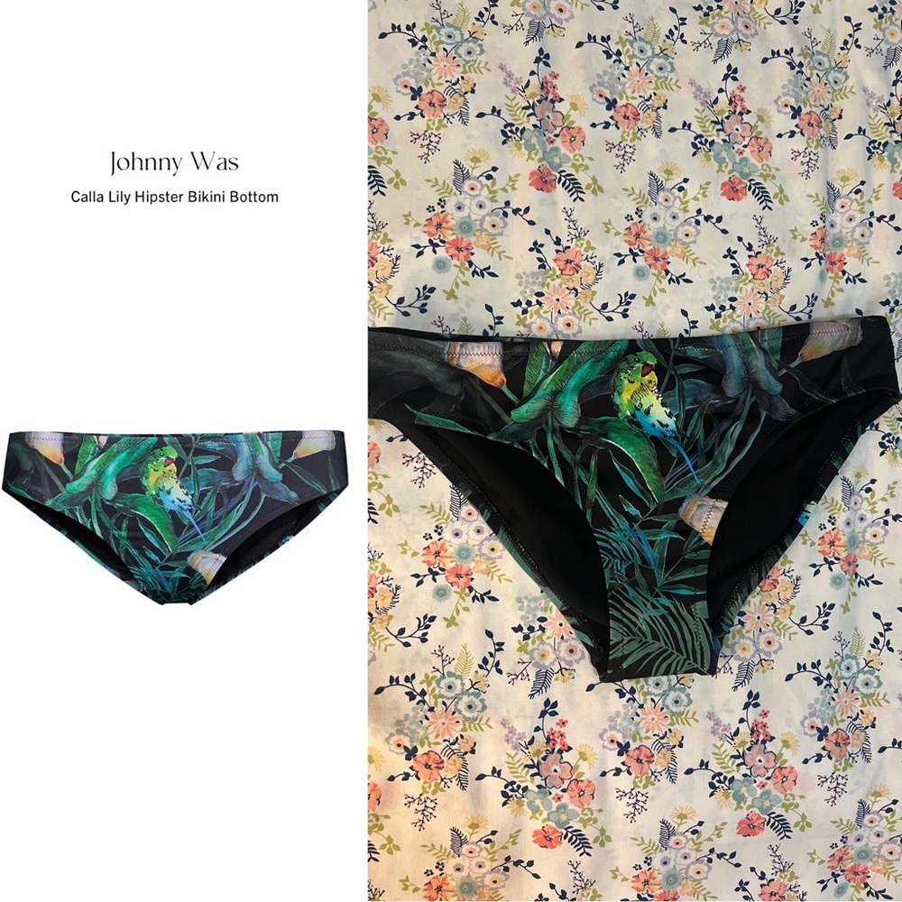 NWOT Johnny Was Calla Lily Hipster Bikini Bottom in Black/Green Tropical Print